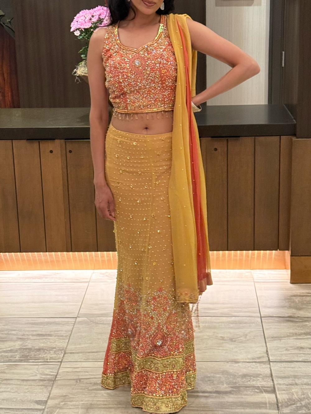 Women's Embellished Yellow Peach beaded Lehenga Bollywood